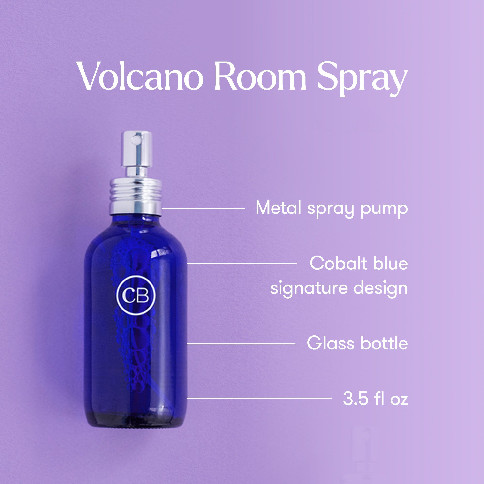 Blue room spray bottle with metal pump on a purple background