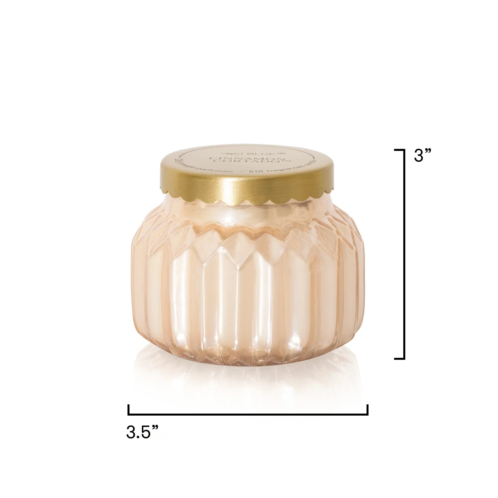 A Cinnamon Cortado Royal Gem Signature Candle in a champagne-topaz, faceted glass jar with text showing its dimensions of 3 inch height and 3.5 inch width.