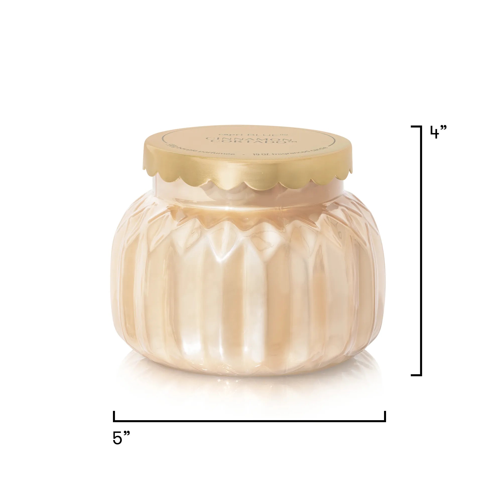 A Cinnamon Cortado Royal Gem Signature Candle in a champagne-topaz, faceted glass jar with text showing its dimensions of 4 inch height and 5 inch width.