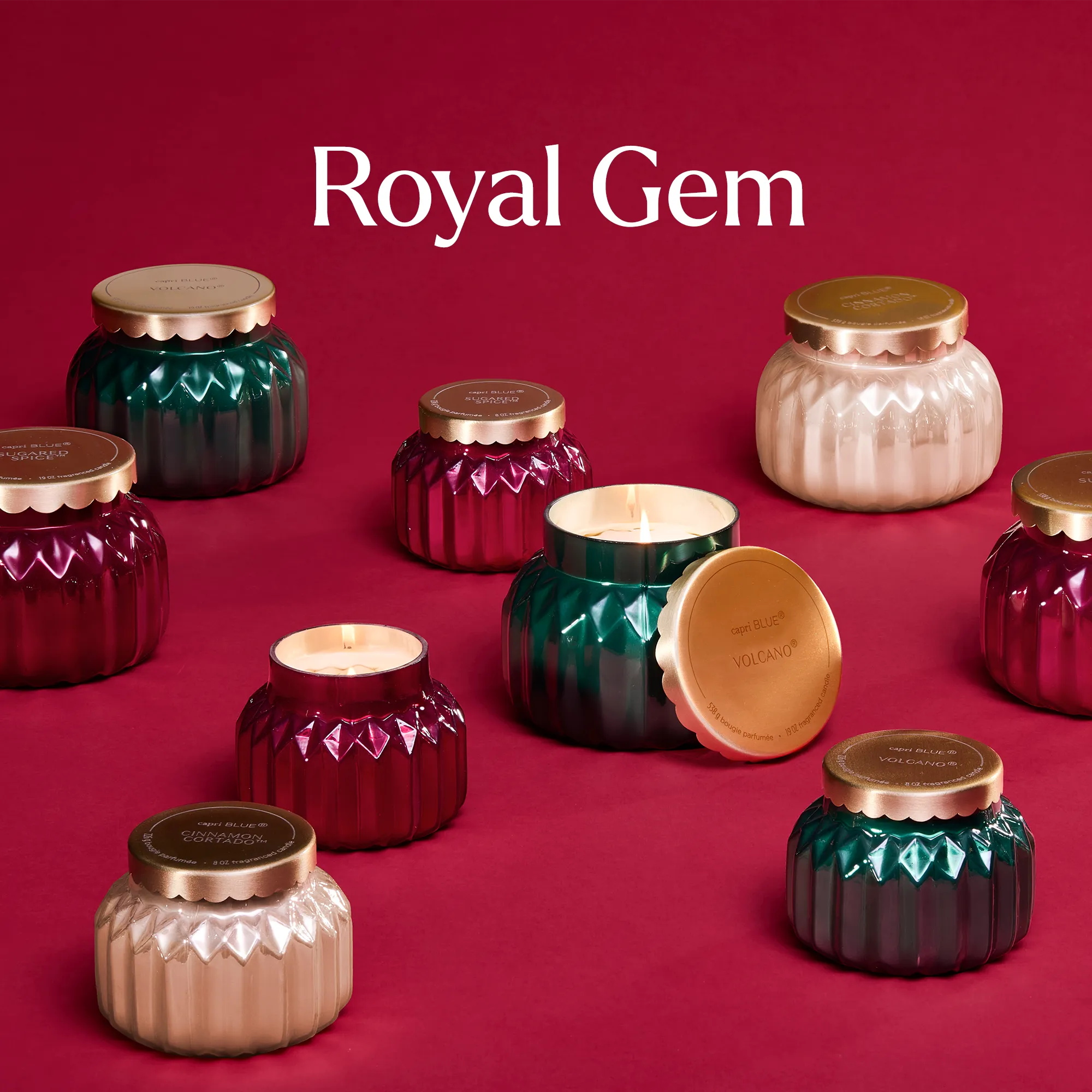 Various Signature and Petite Volcano, Sugared Spice, and Cinnamon Cortado Royal Gem candles.