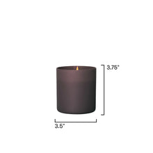 A dark brown matte candle with a lit wick, shown with dimension lines indicating a height of 3.75 inches and a width of 3.