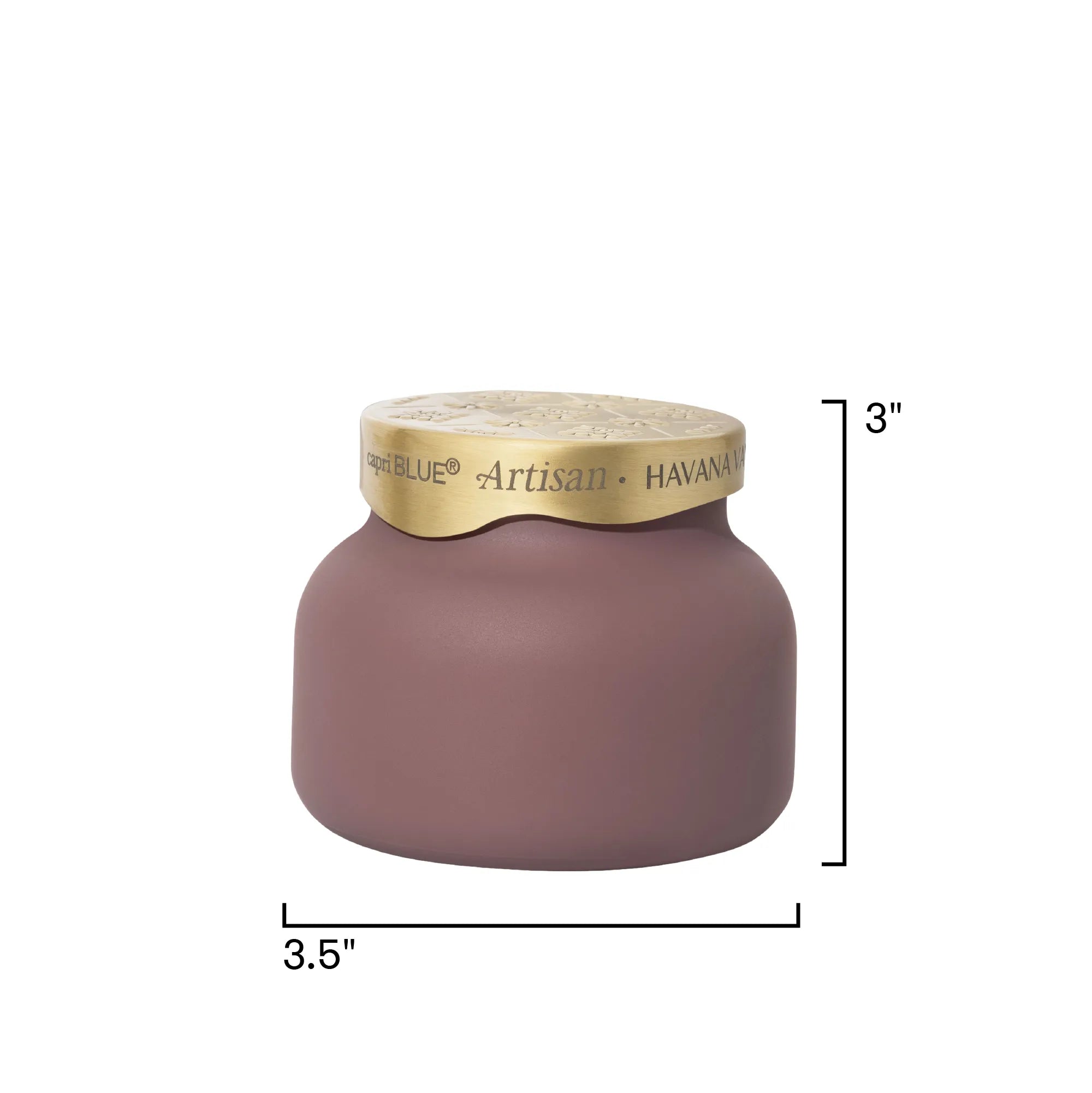 A matte mauve-pink ceramic jar with a textured gold lid, shown with dimension lines indicating a height of 3 inches and a width of 3.5 inches on a white background.