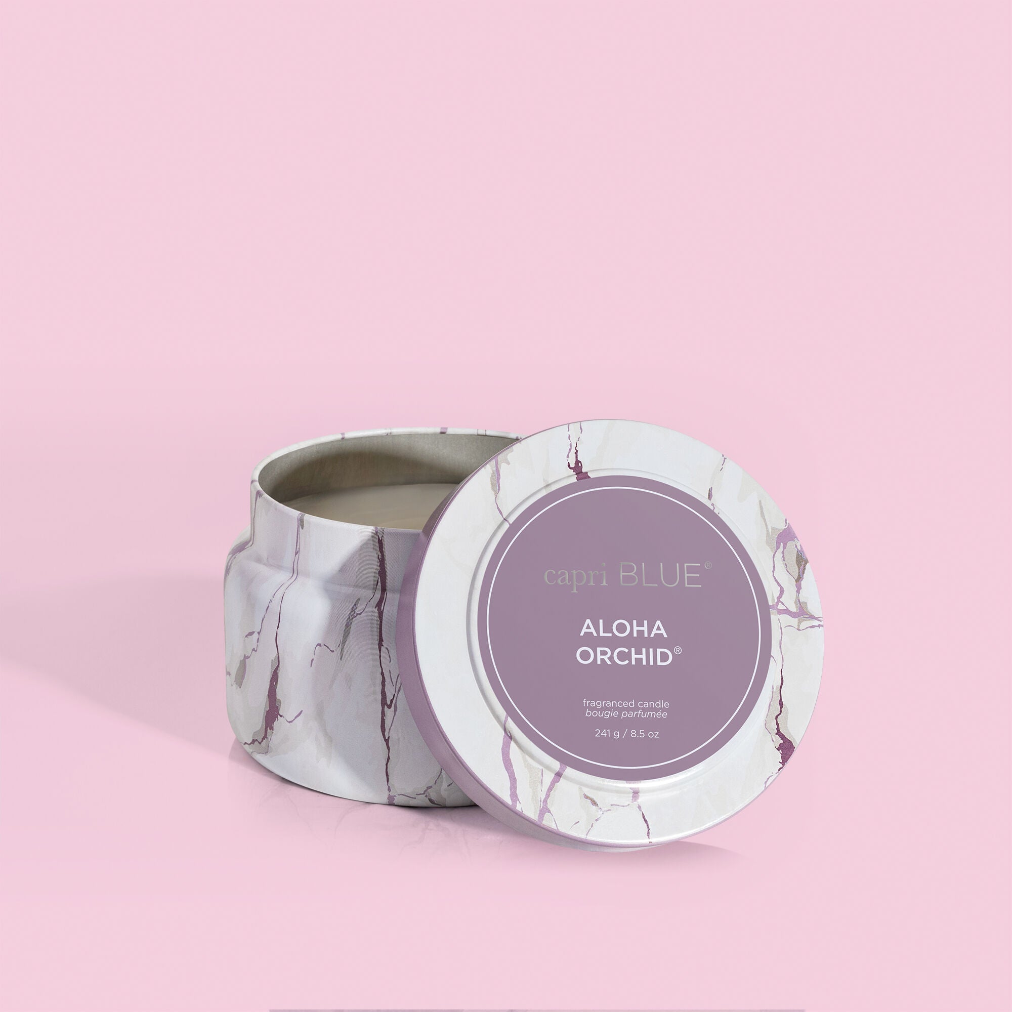 Aloha Orchid Modern Marble Travel Tin Candle with Lid Off