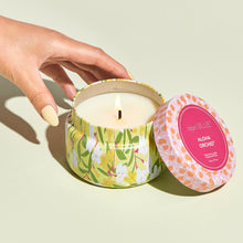 Aloha Orchid Pattern Play Printed Travel Tin Candle, open and lit