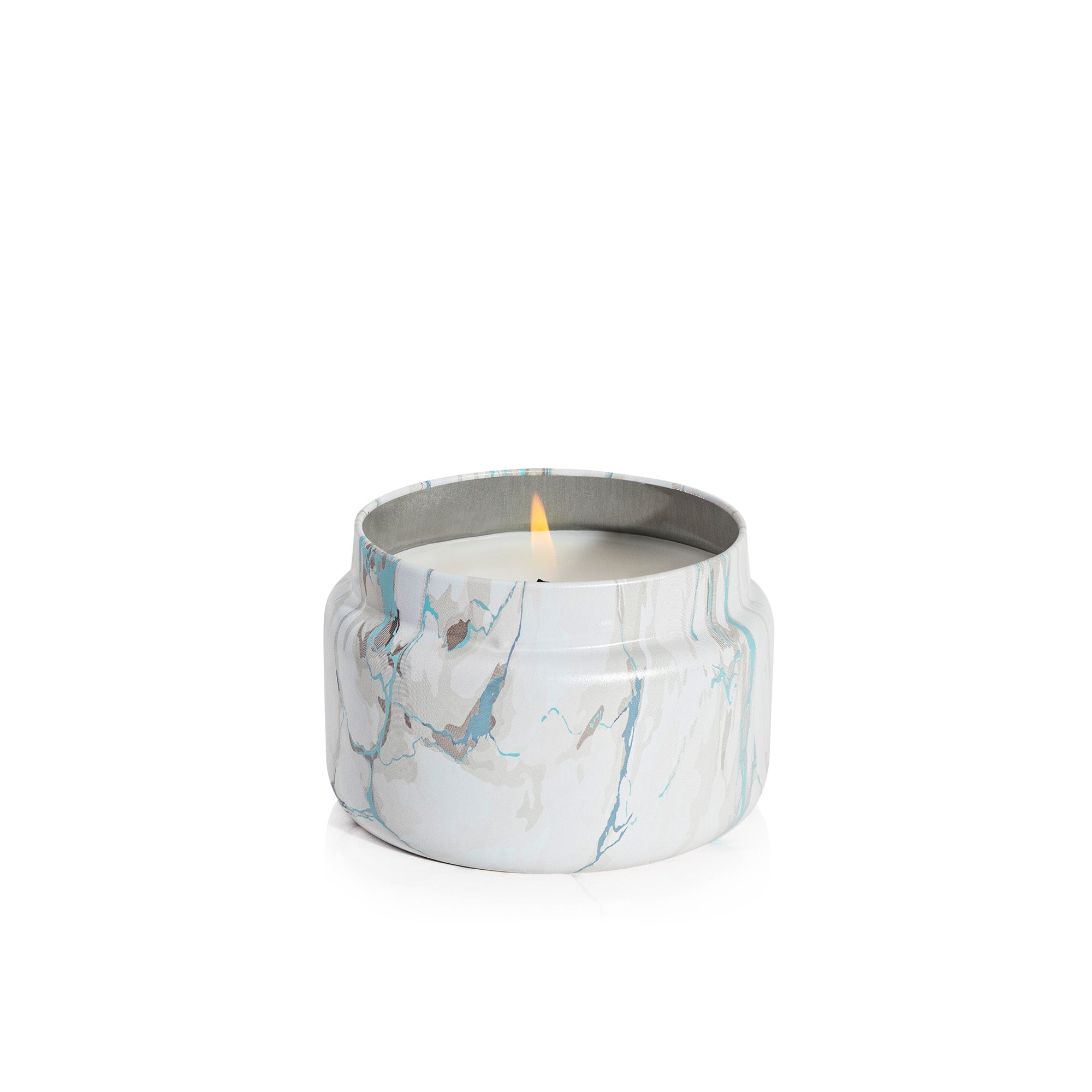 Blue Jean Modern Marble Printed Travel Tin Candle, lit