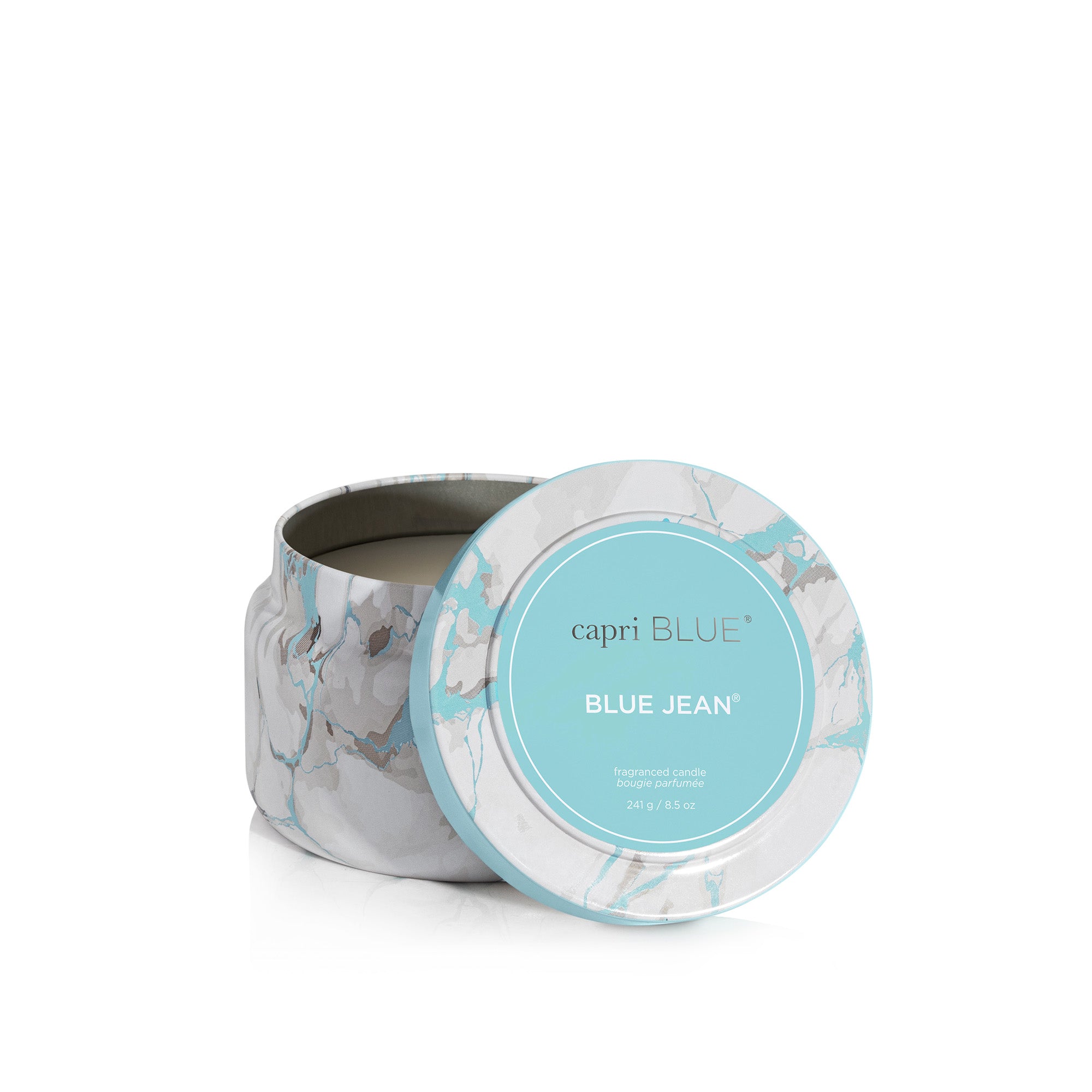 Blue Jean Modern Marble Printed Travel Tin Candle, open