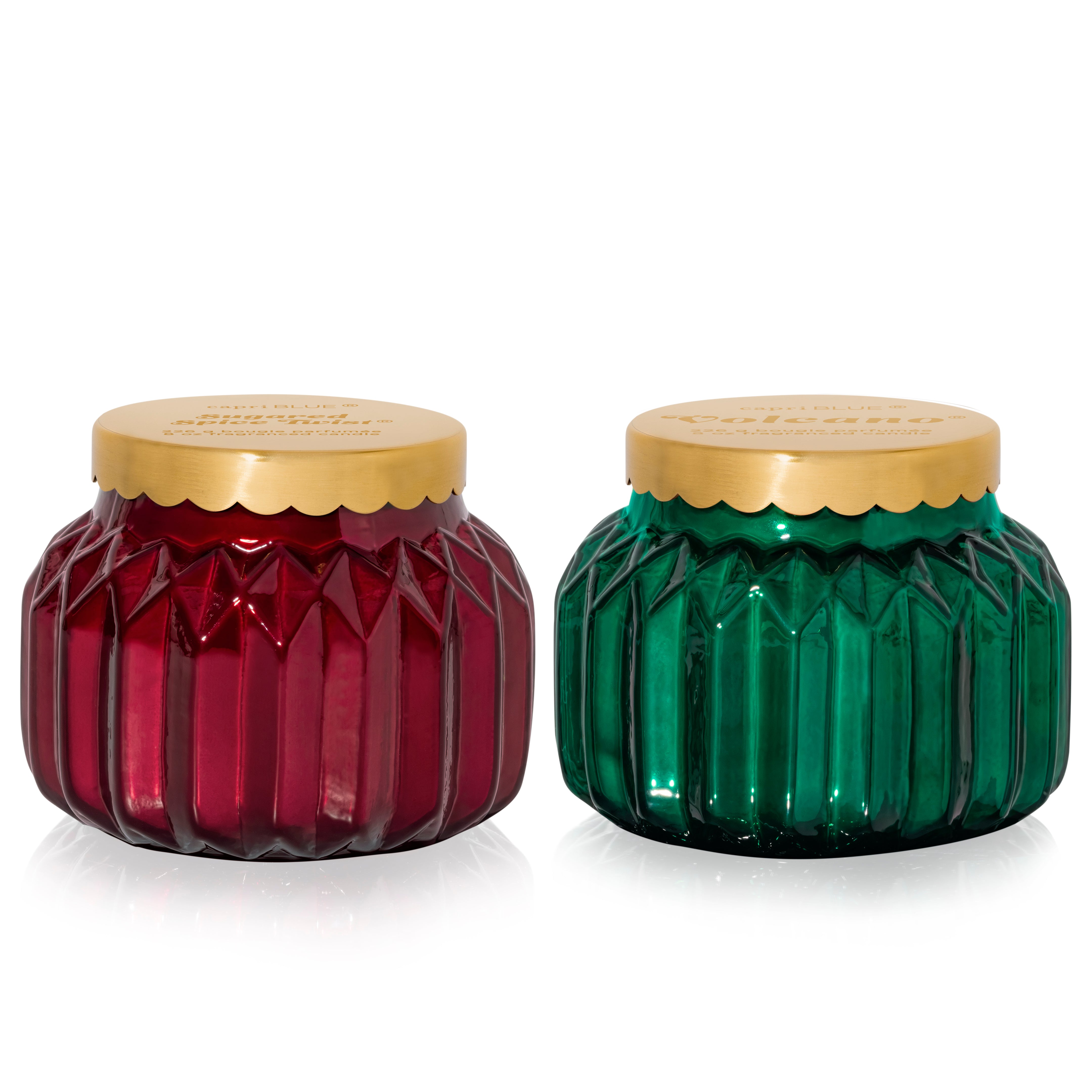 Two Royal Gem Petite candles on a white background