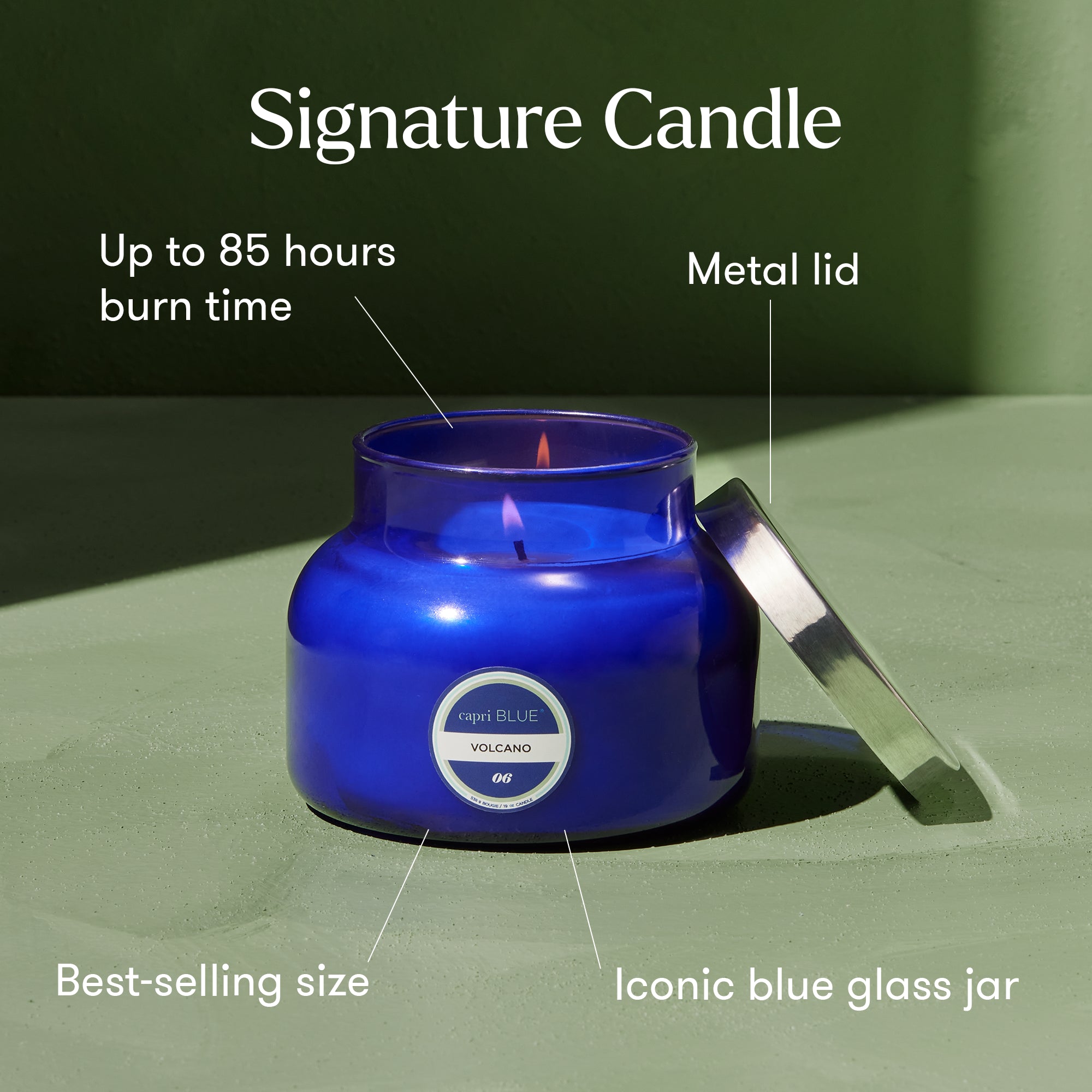 Blue candle in a glass jar with features highlighted on a green background