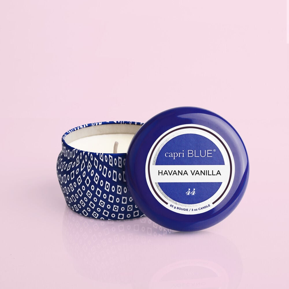 Havana Vanilla Blue Mini Candle, 3oz product with lid off