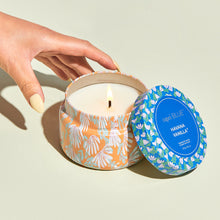 Havana Vanilla Pattern Play Printed Travel Tin Candle, open and lit