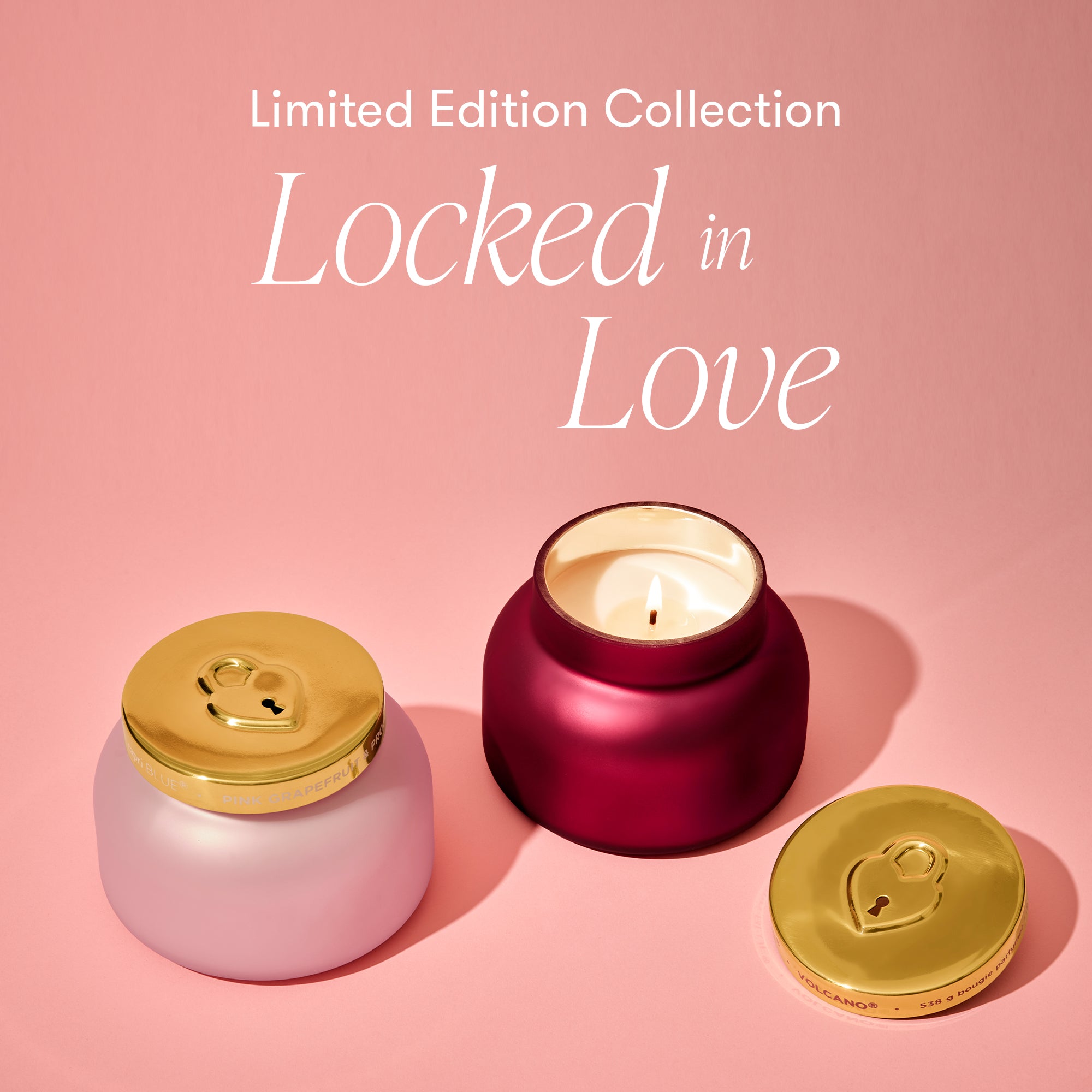 Candle with pink and ruby containers on a pink background, featuring 'Locked in Love' text.