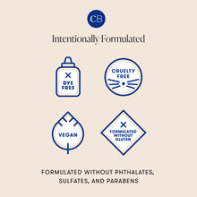 Certification logos for dye-free, cruelty-free, vegan, and gluten-free products on a beige background with CB logo.