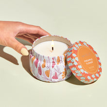 Pineapple Flower Pattern Play Printed Travel Tin Candle, open and lit