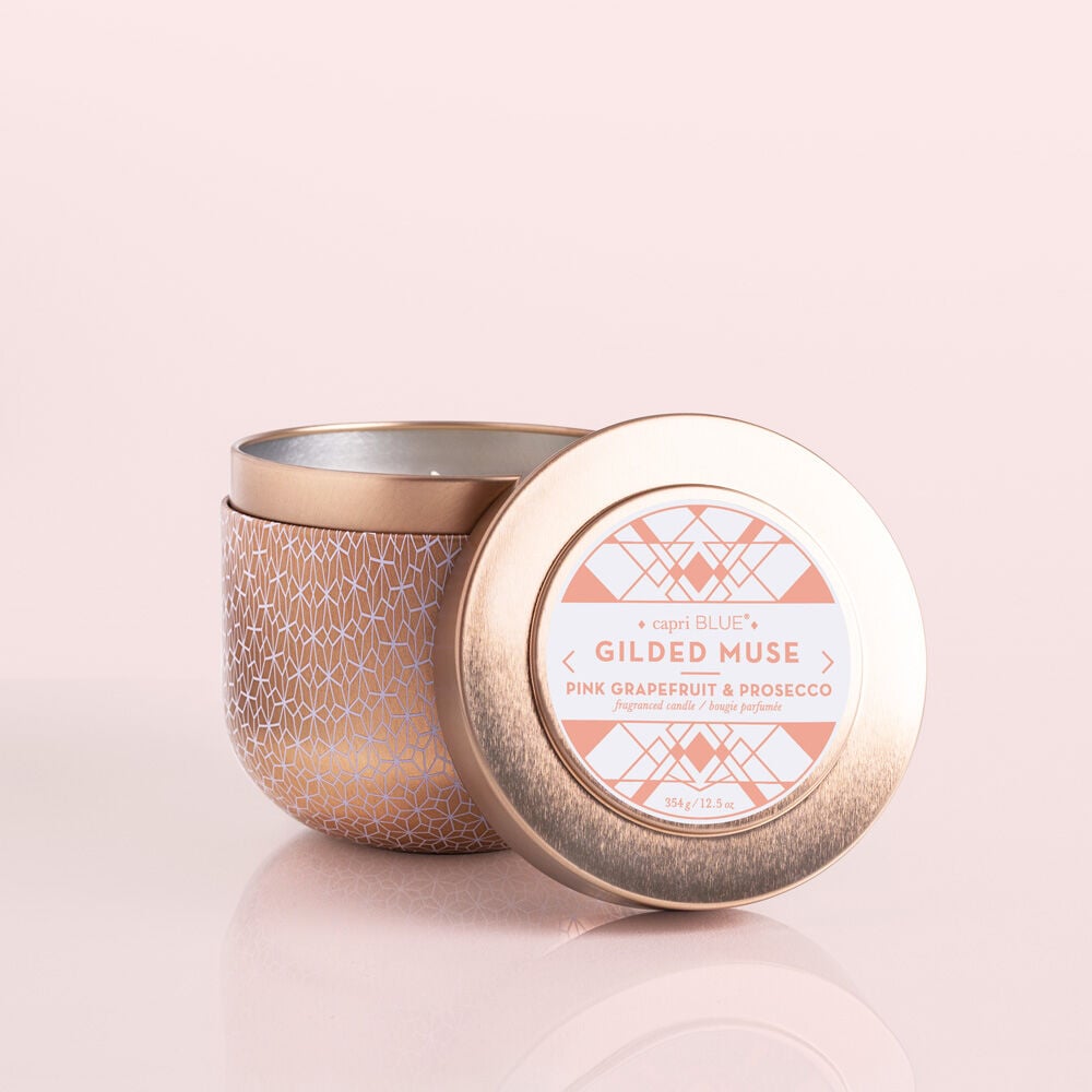 Pink Grapefruit & Prosecco Gilded Candle Tin, 12.5 oz Candle with Lid in Front