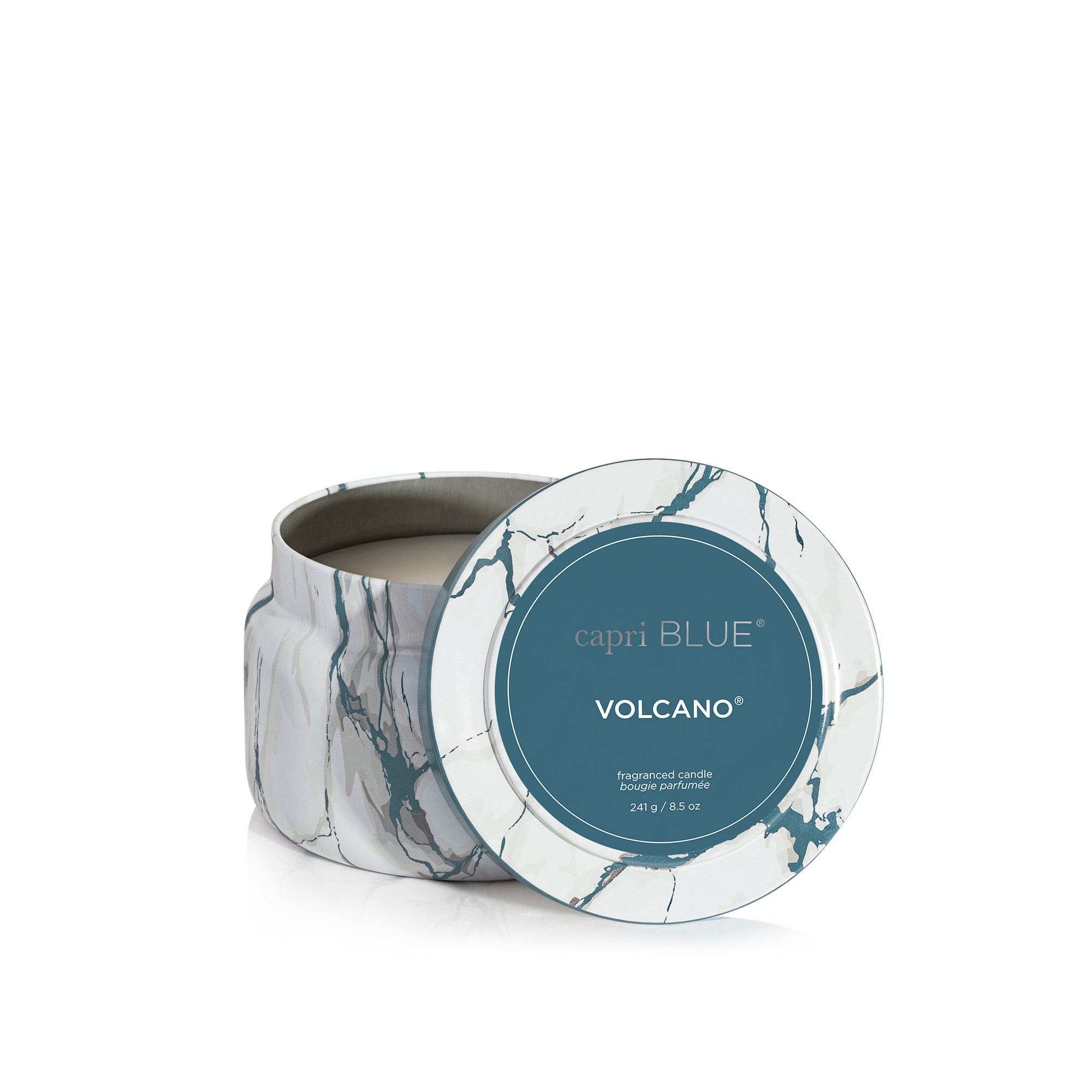 Volcano Modern Marble Printed Travel Tin Candle, open