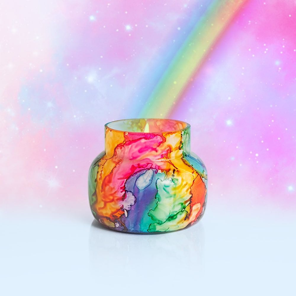 Volcano Rainbow Watercolor Petite Jar, 8 oz product view with rainbow background